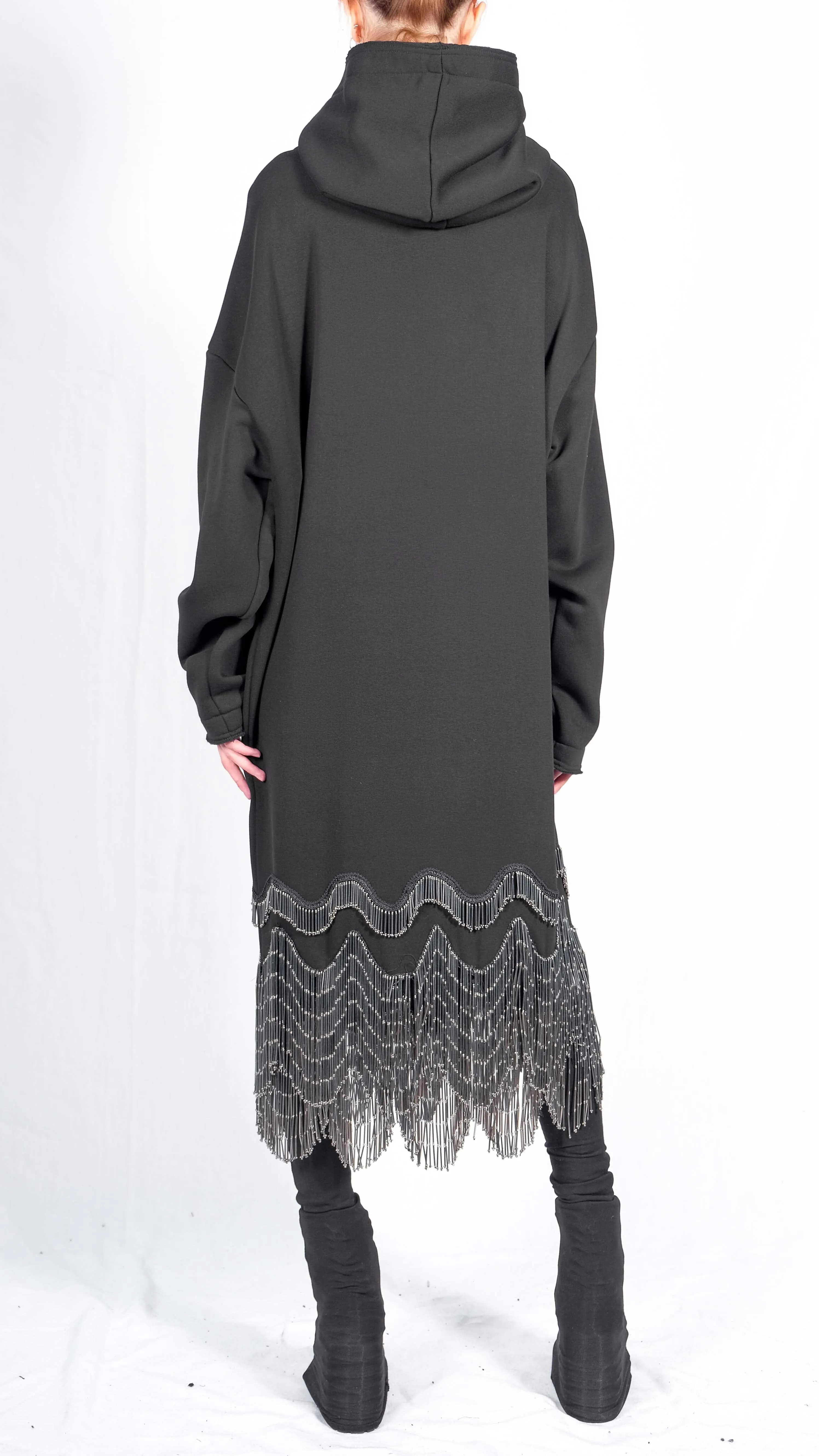 Long Sweatshirt Hoodie Dress with Glass Beaded Fringe
