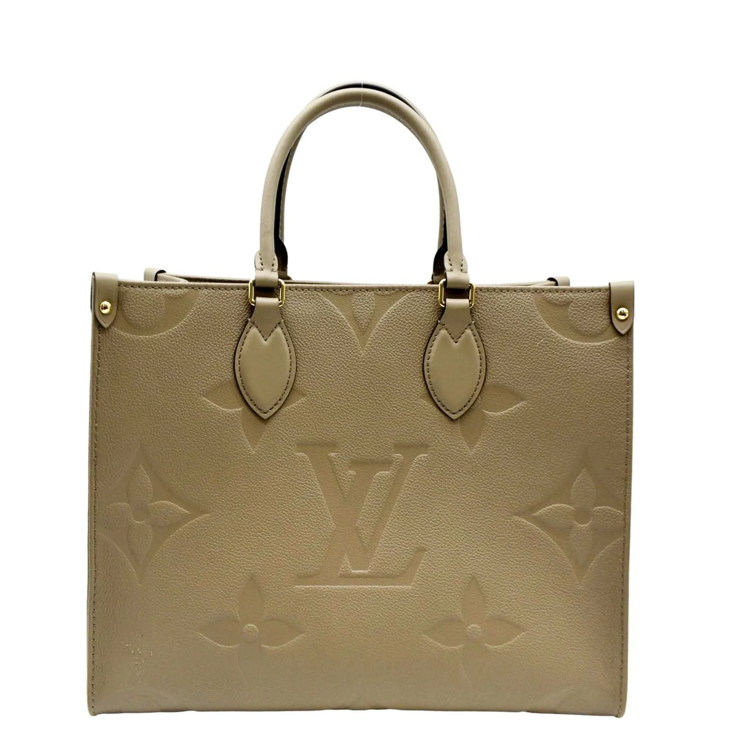 LOUIS VUITTON Onthego MM Giant Monogram Empreinte Leather Tote Bag Beige