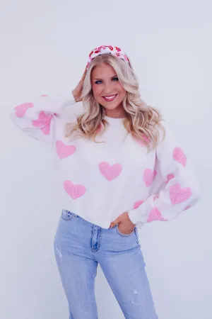 Lovey Fuzzy Heart Print Cropped Sweater - Ivory