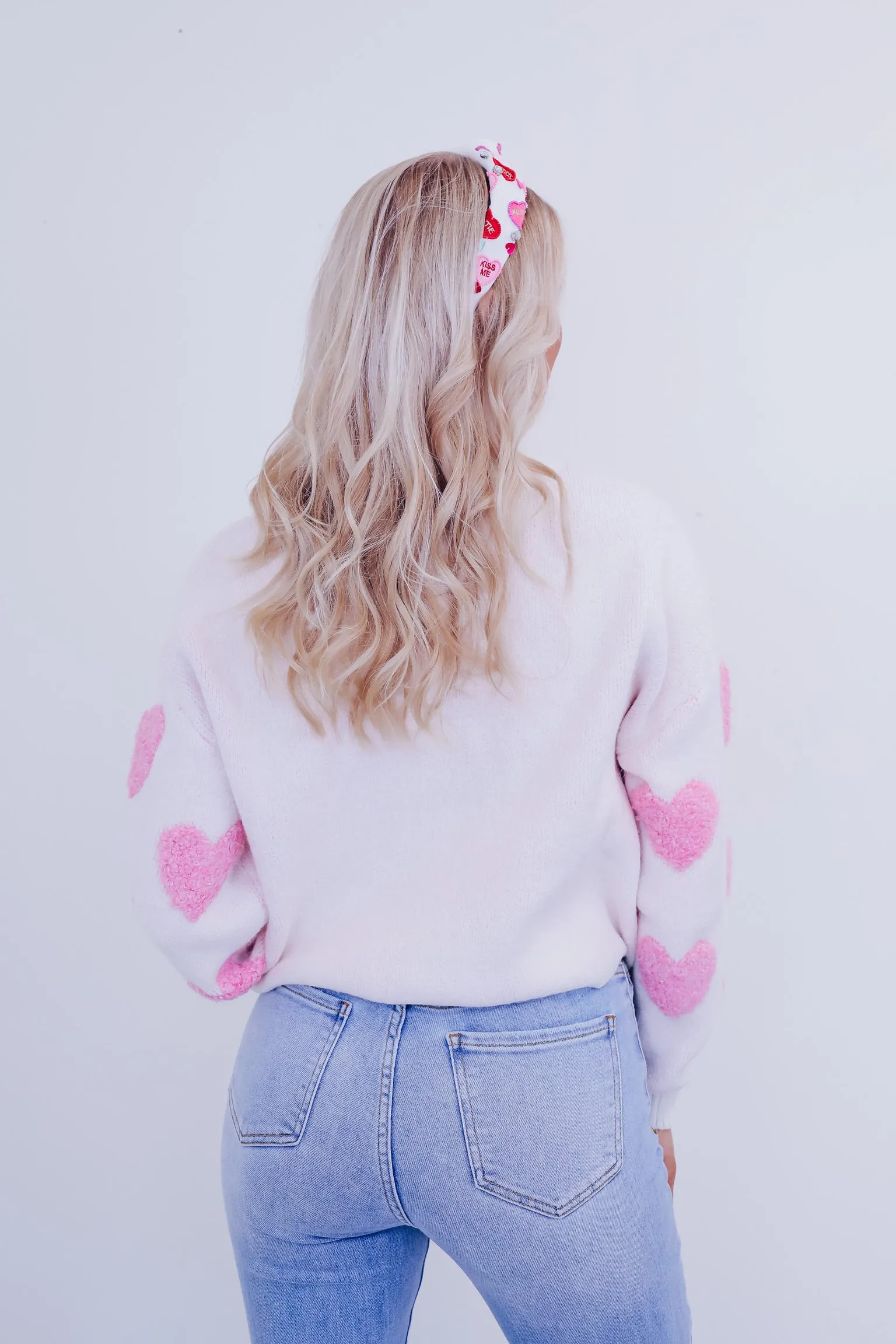 Lovey Fuzzy Heart Print Cropped Sweater - Ivory