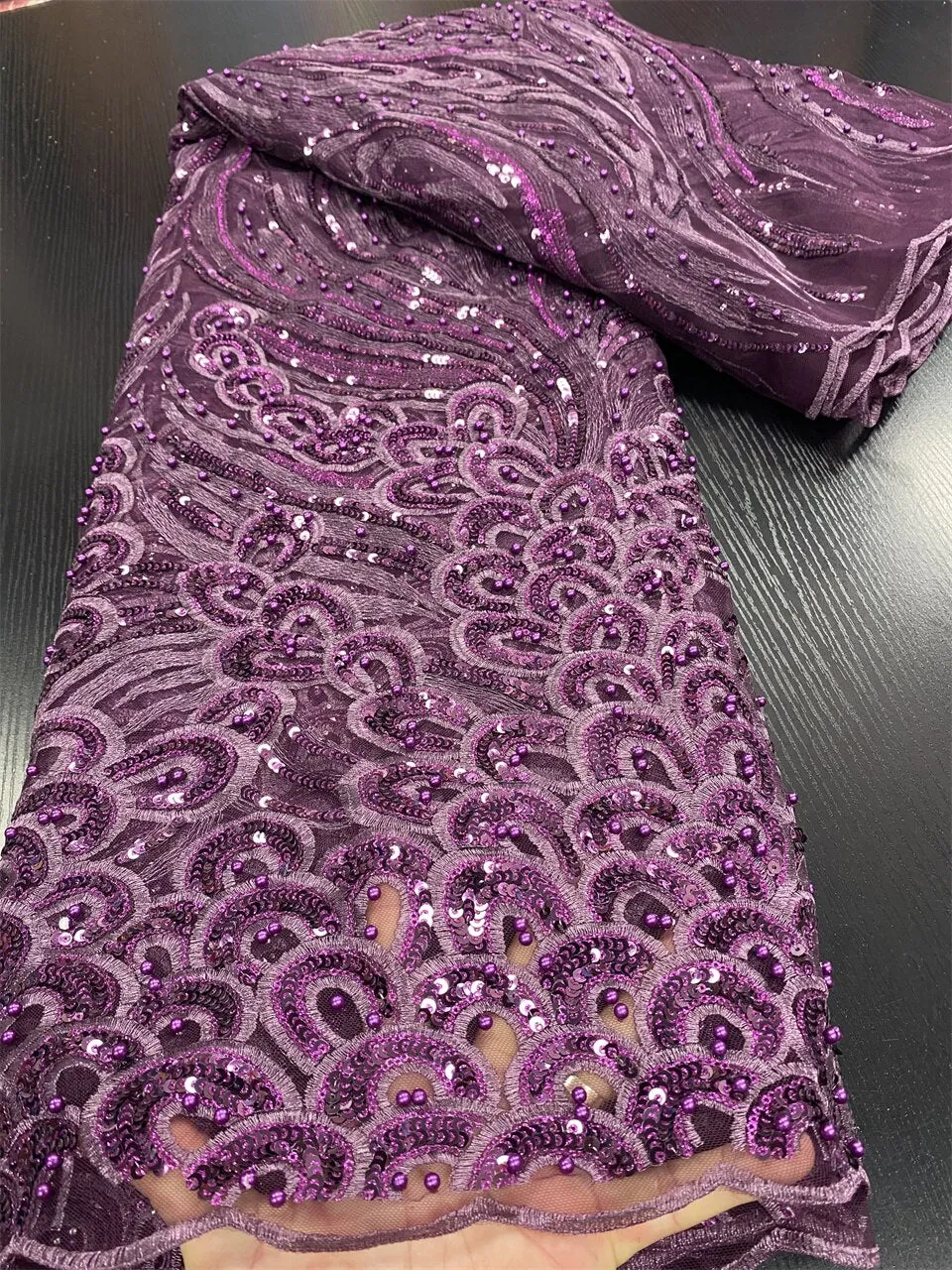 Luxury African Sequined Wine Red Lace Fabric With Beads 2022 High Quality 5 Yards Nigerian Heavy Bead Embroidered Mesh Materials
