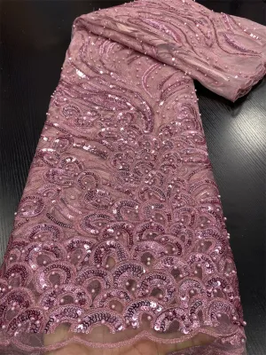 Luxury African Sequined Wine Red Lace Fabric With Beads 2022 High Quality 5 Yards Nigerian Heavy Bead Embroidered Mesh Materials