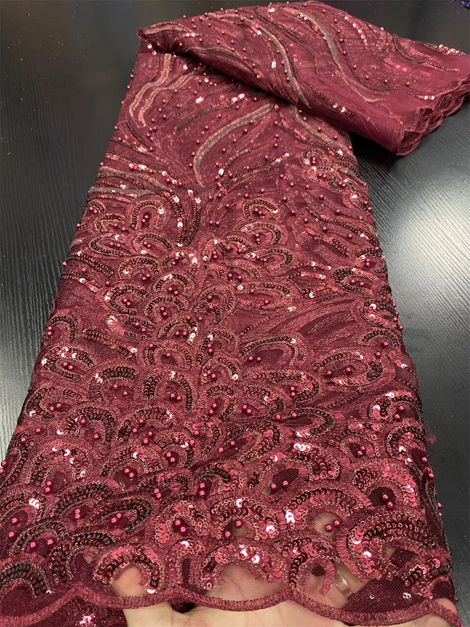 Luxury African Sequined Wine Red Lace Fabric With Beads 2022 High Quality 5 Yards Nigerian Heavy Bead Embroidered Mesh Materials
