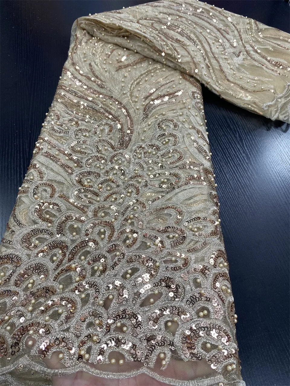 Luxury African Sequined Wine Red Lace Fabric With Beads 2022 High Quality 5 Yards Nigerian Heavy Bead Embroidered Mesh Materials