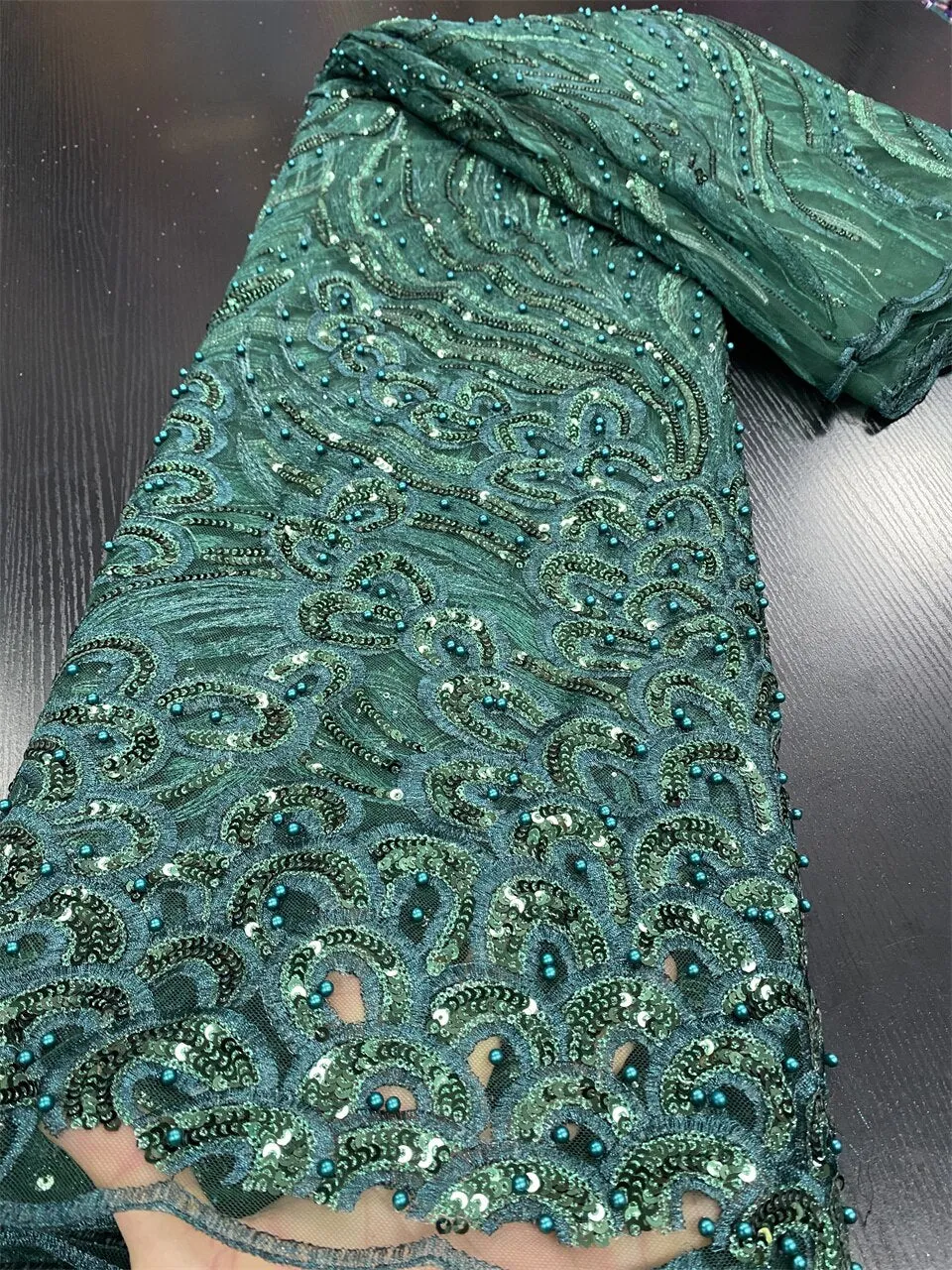 Luxury African Sequined Wine Red Lace Fabric With Beads 2022 High Quality 5 Yards Nigerian Heavy Bead Embroidered Mesh Materials