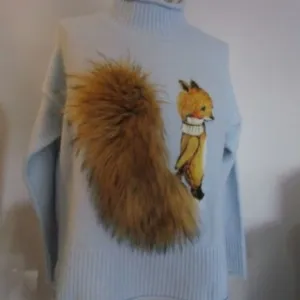 M Faux Fuzzy Foxtail Pullover Sweater Blue Boxy Applique Cuddly Korea