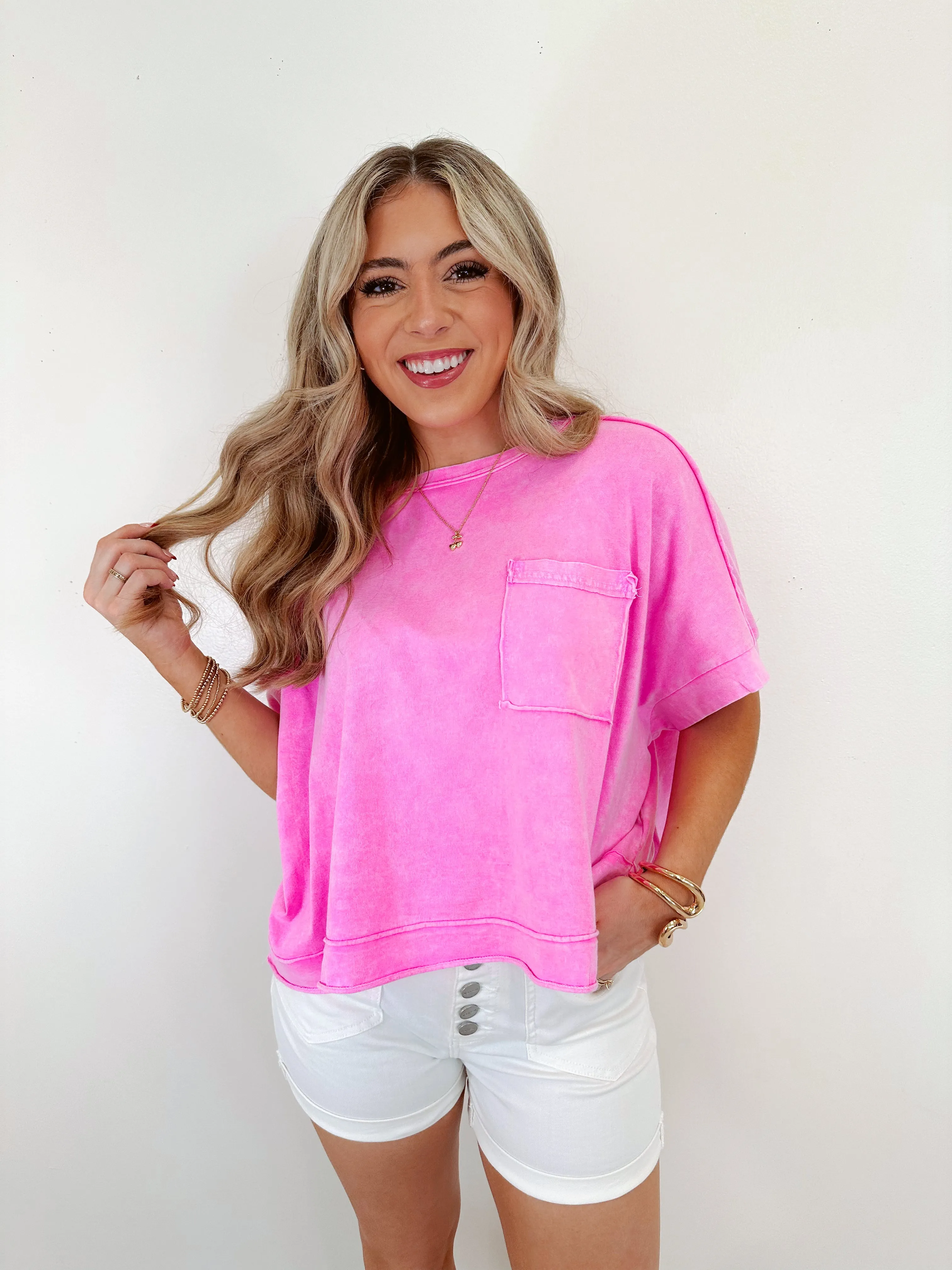 Maeve Mineral Washed Cropped Tee - Washed Bright Pink