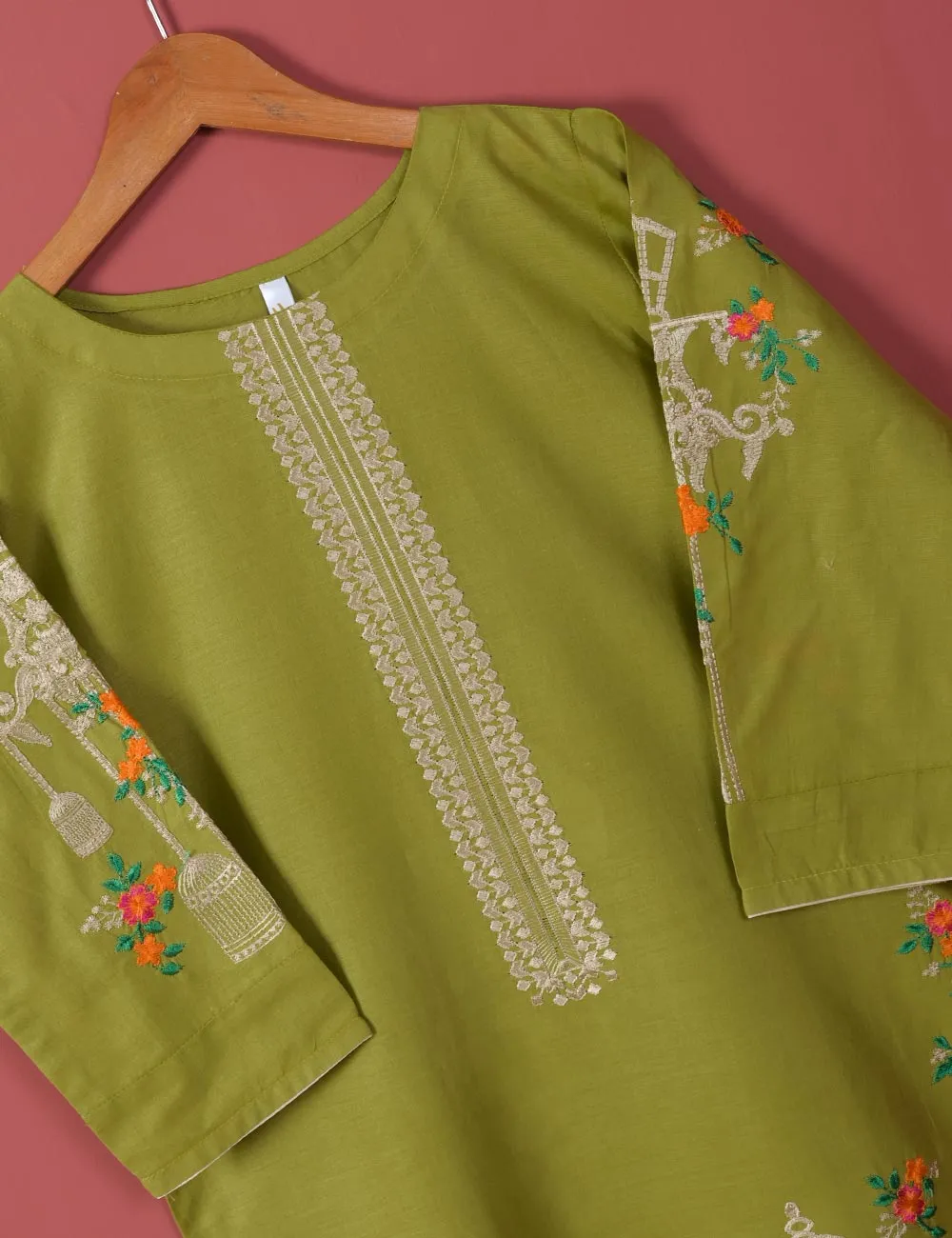 Majestic-Cage-(TS-021J-Olive Green) - Cotton Embroidered Stitched Kurti