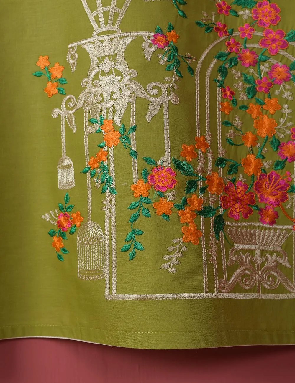 Majestic-Cage-(TS-021J-Olive Green) - Cotton Embroidered Stitched Kurti
