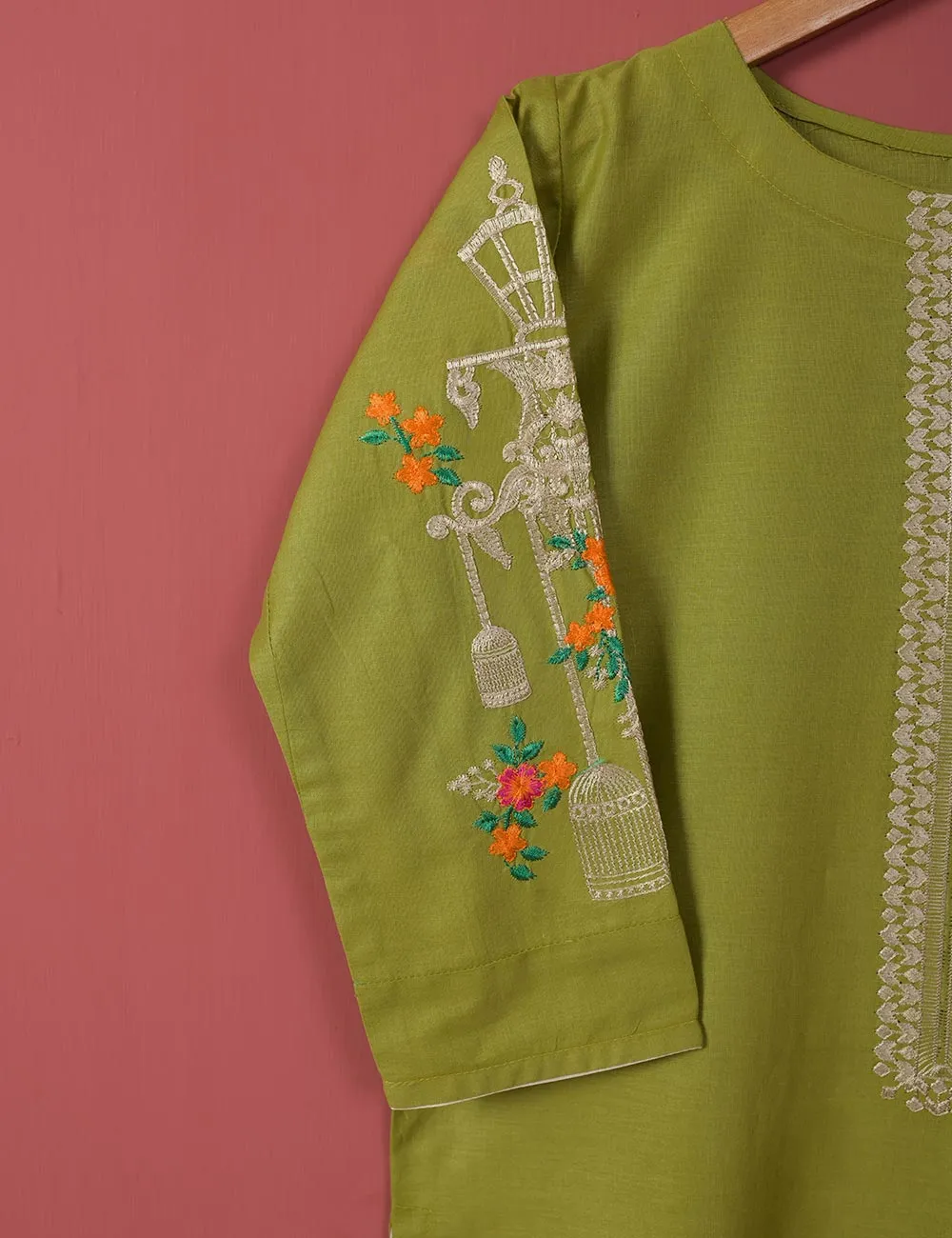 Majestic-Cage-(TS-021J-Olive Green) - Cotton Embroidered Stitched Kurti