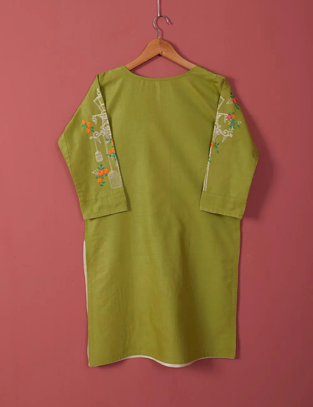 Majestic-Cage-(TS-021J-Olive Green) - Cotton Embroidered Stitched Kurti