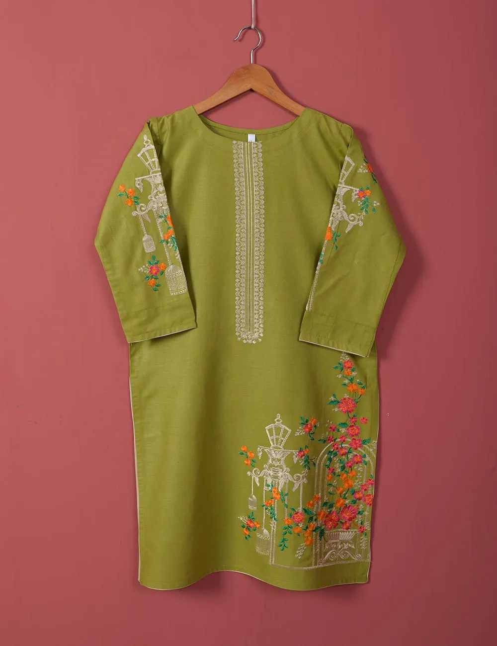 Majestic-Cage-(TS-021J-Olive Green) - Cotton Embroidered Stitched Kurti