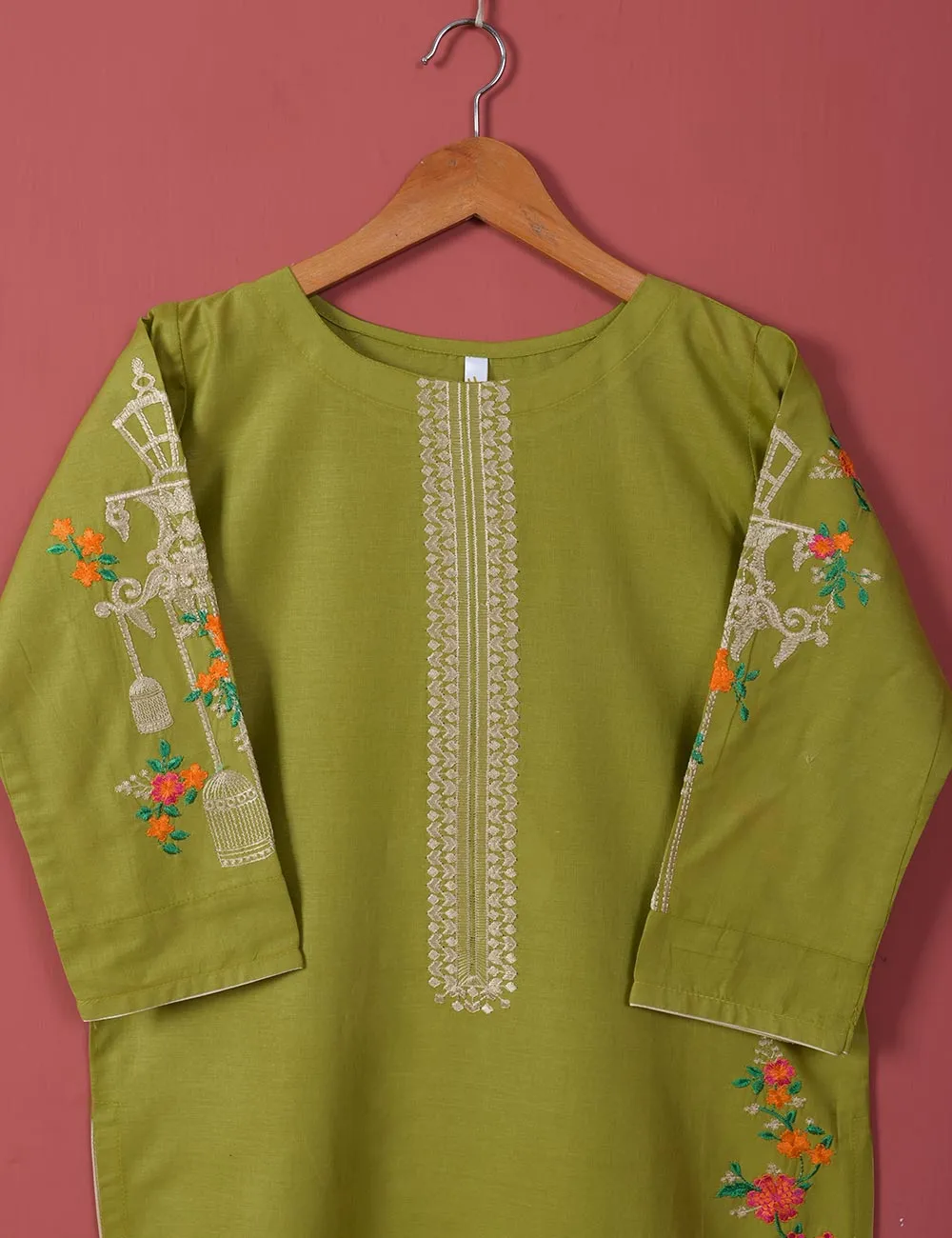 Majestic-Cage-(TS-021J-Olive Green) - Cotton Embroidered Stitched Kurti
