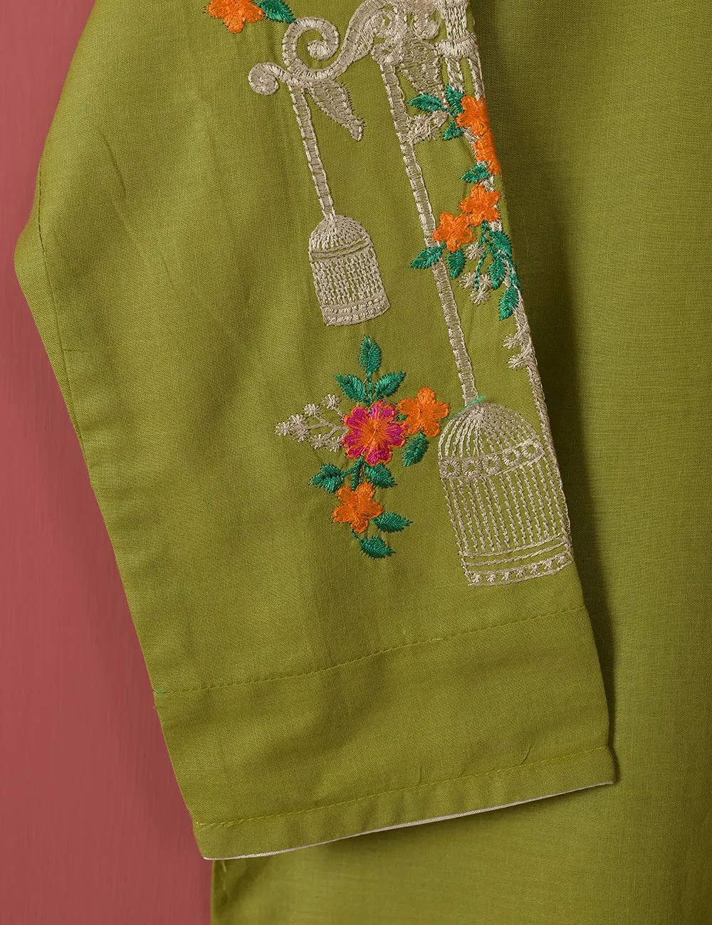 Majestic-Cage-(TS-021J-Olive Green) - Cotton Embroidered Stitched Kurti