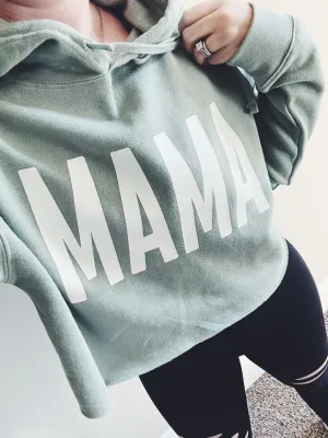 MAMA Bold © Ladies Cropped Hooded Sweatshirt (Sage   White)