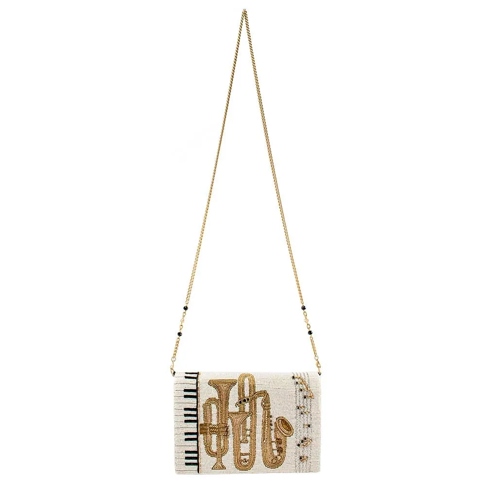 Mary Frances Play for Me Beaded Crossbody Clutch Music Instruments Handbag Ivory