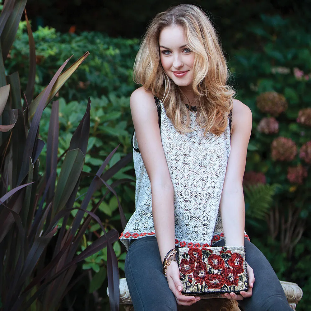 Mary Frances Poppies Red Special Flower Magnet Handbag Beaded Bag Purse Beige NEW
