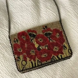 Mary Frances Poppies Red Special Flower Magnet Handbag Beaded Bag Purse Beige NEW