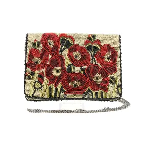 Mary Frances Poppies Red Special Flower Magnet Handbag Beaded Bag Purse Beige NEW