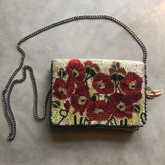 Mary Frances Poppies Red Special Flower Magnet Handbag Beaded Bag Purse Beige NEW