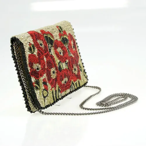 Mary Frances Poppies Red Special Flower Magnet Handbag Beaded Bag Purse Beige NEW