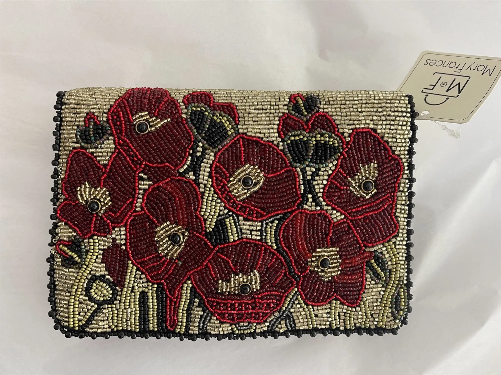 Mary Frances Poppies Red Special Flower Magnet Handbag Beaded Bag Purse Beige NEW