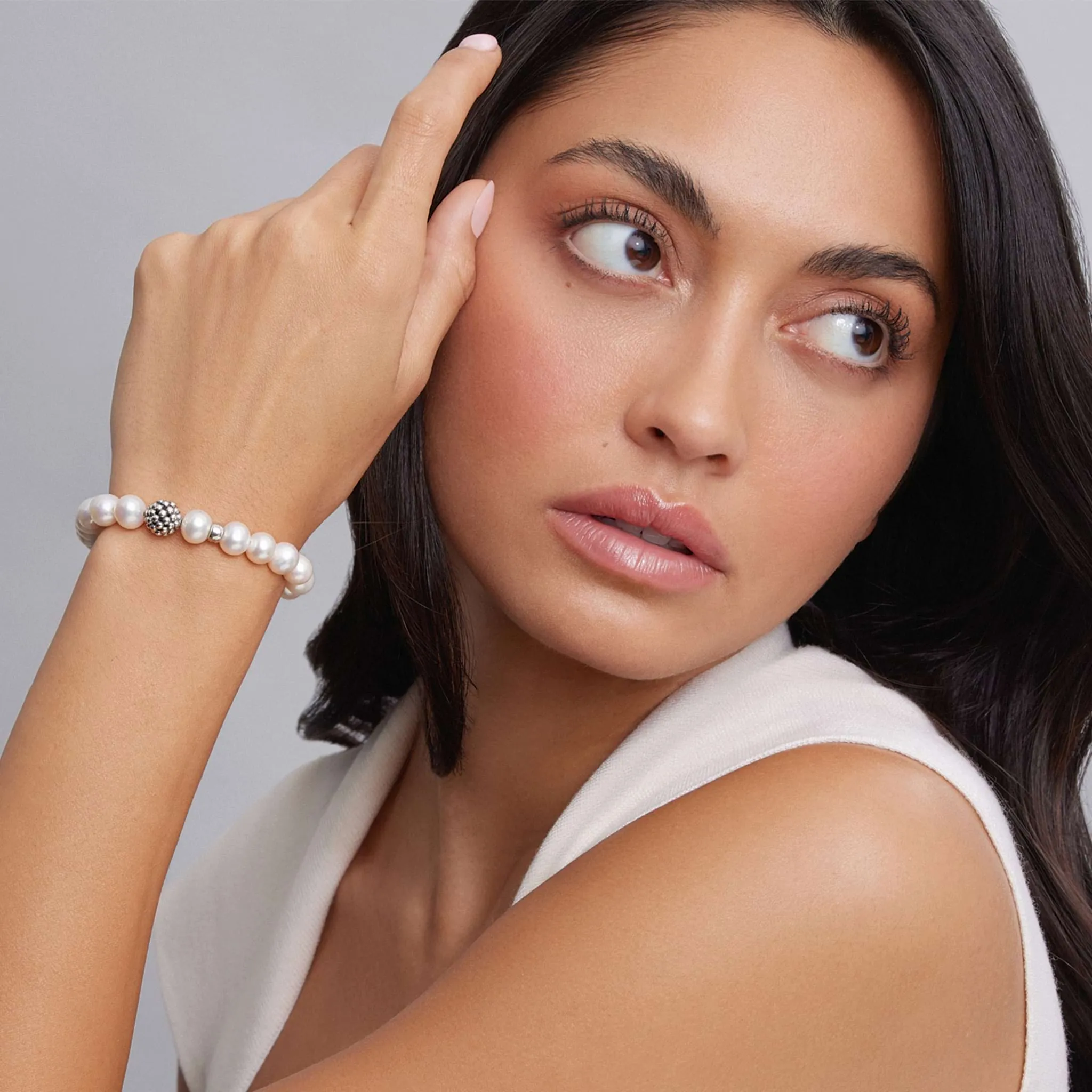Maya Pearl Silver Station Bead Bracelet