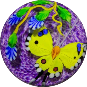 Mayauel Ward 2019 Compound Torchwork Yellow Swallowtail Butterfly with Blue Blossom on Purple Ground