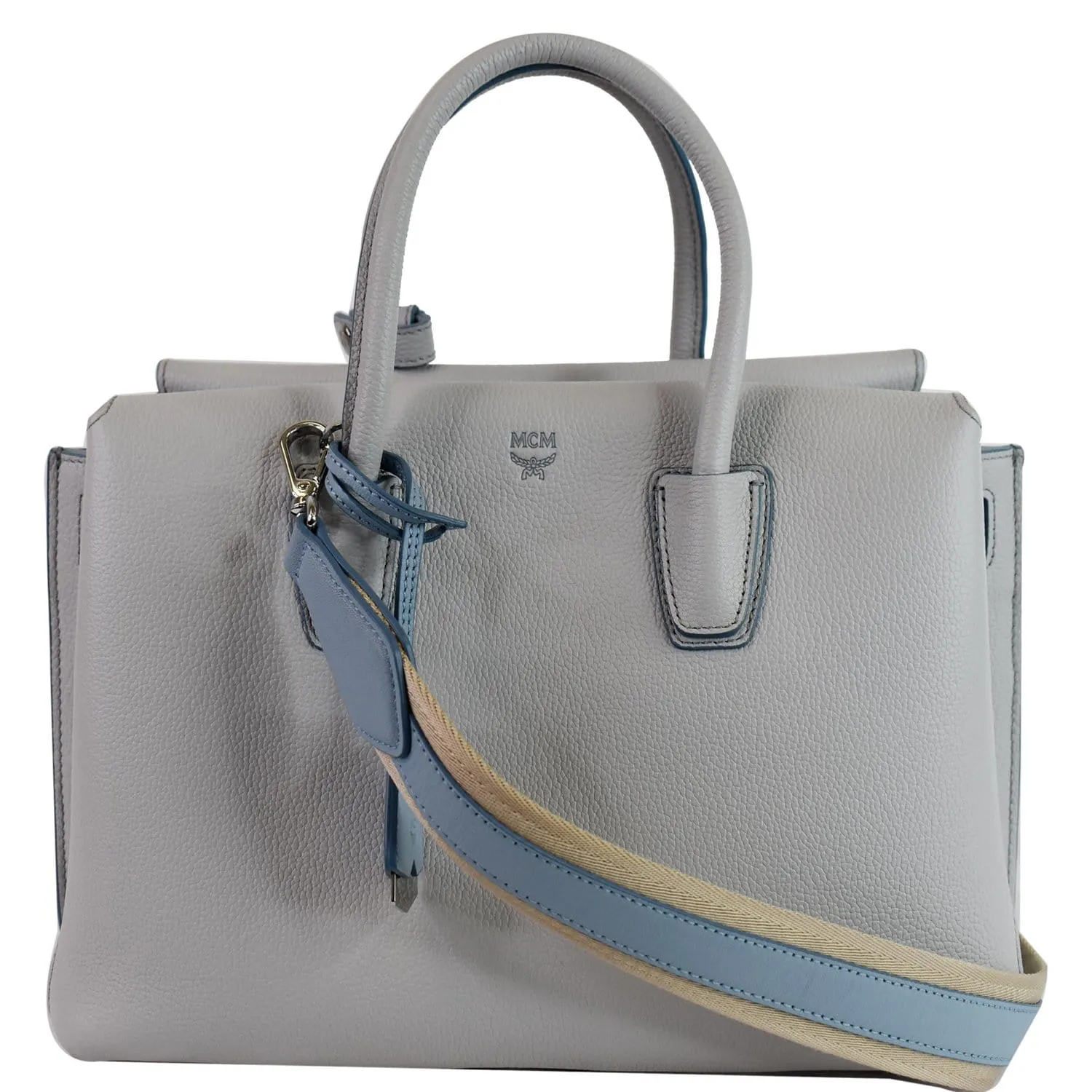 MCM Milla Medium Top Handle Leather Tote Shoulder Bag Light Blue