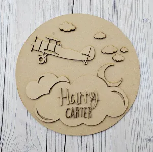 MDF Layered Name Plaque - Airplane and Clouds