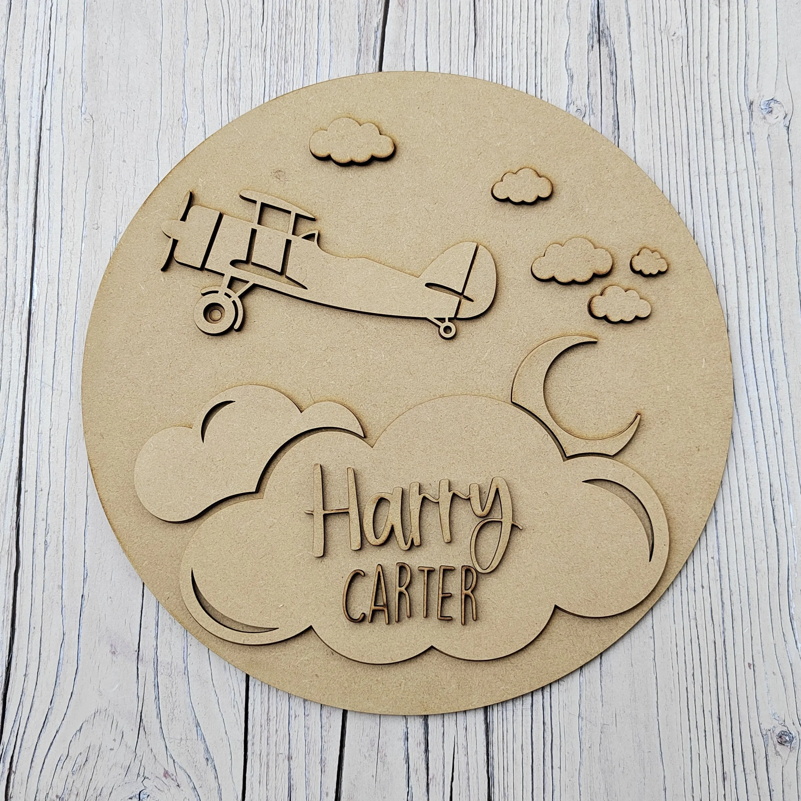 MDF Layered Name Plaque - Airplane and Clouds