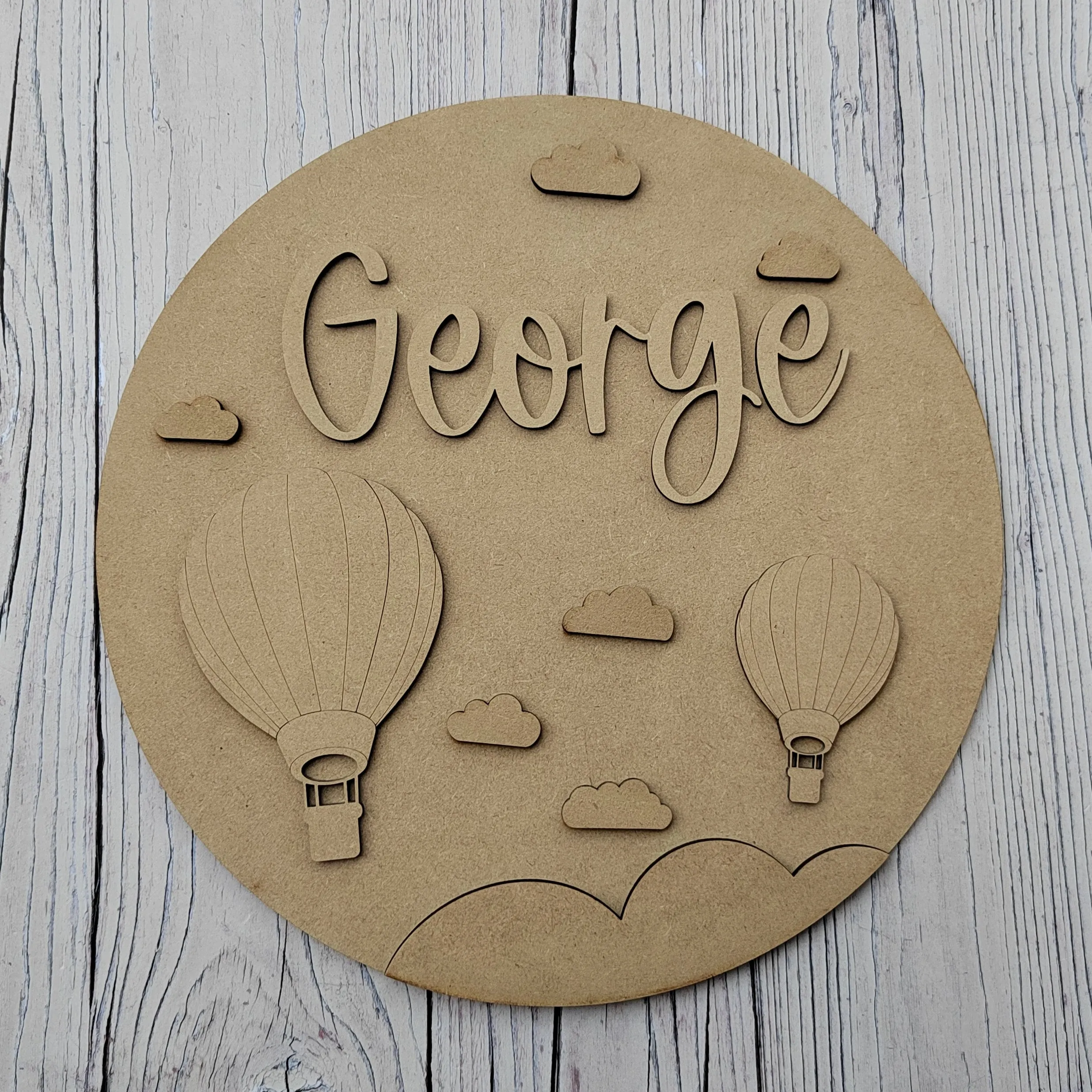 MDF Layered Name Plaque - Hot Air Balloon and Clouds