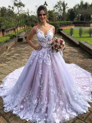 Melania | Light Purple Sleeveless A Line V-Neck Lace Wedding Dresses