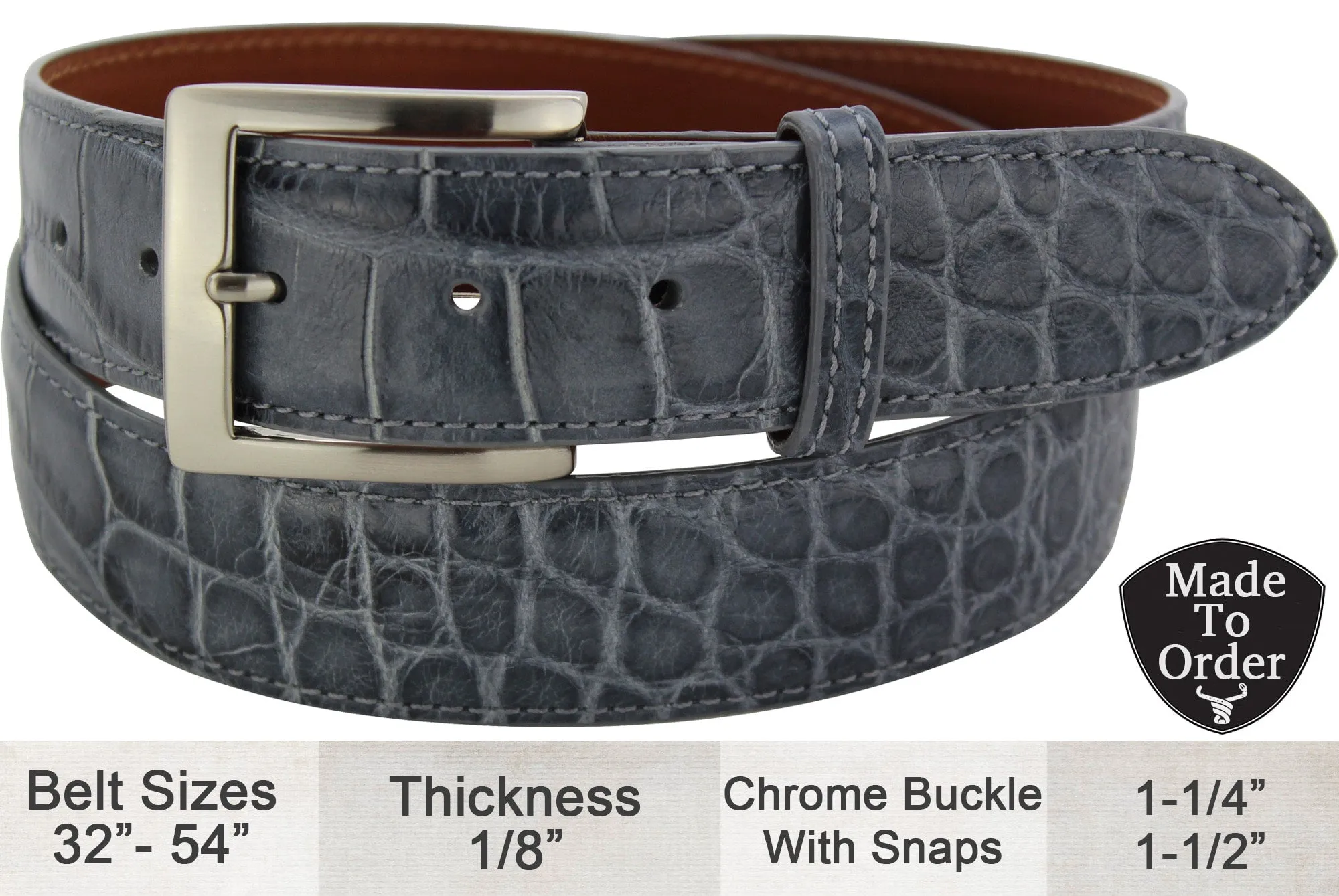 Men's Gray Alligator Designer Full Grain Leather Belt **Made To Order Allow 5 To 6 Weeks To Ship