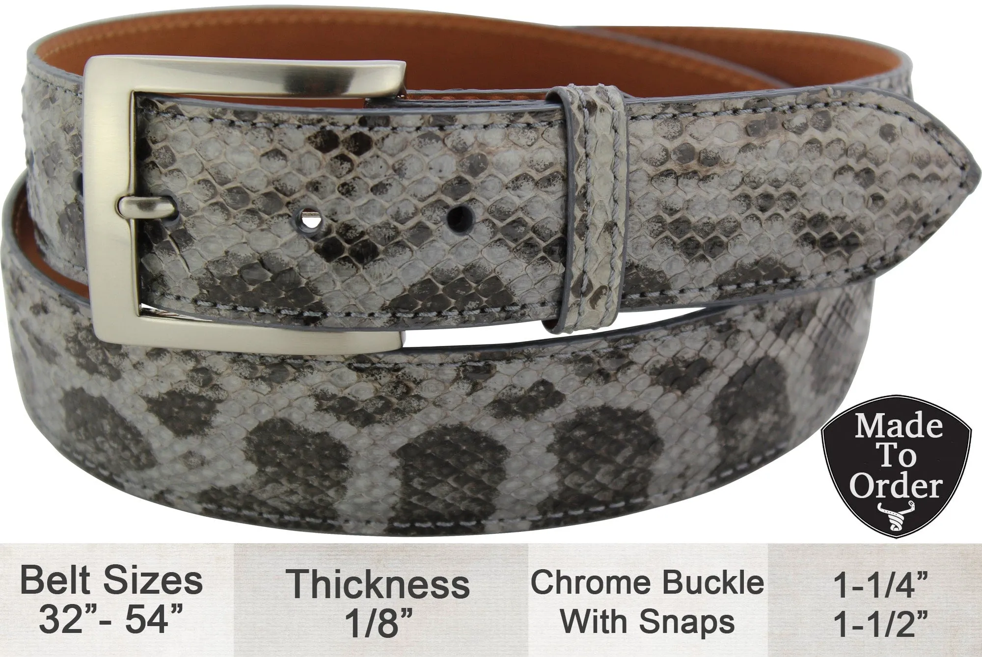 Men's Gray Anaconda Snake Skin Designer Full Grain Leather Belt **Made To Order Allow 5 To 6 Weeks To Ship