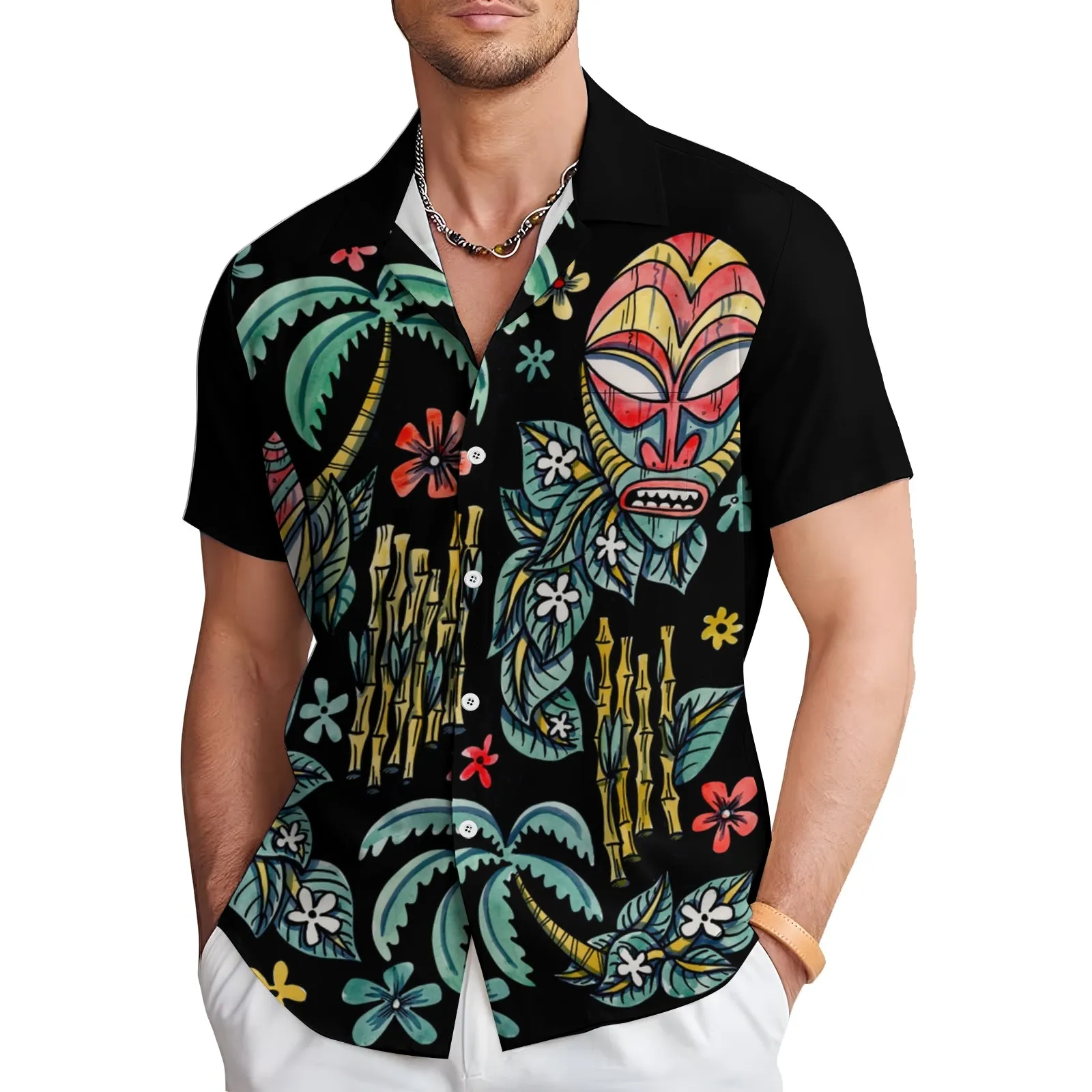 Men's Tribal Mask Casual Short Sleeve Shirt 2403000916