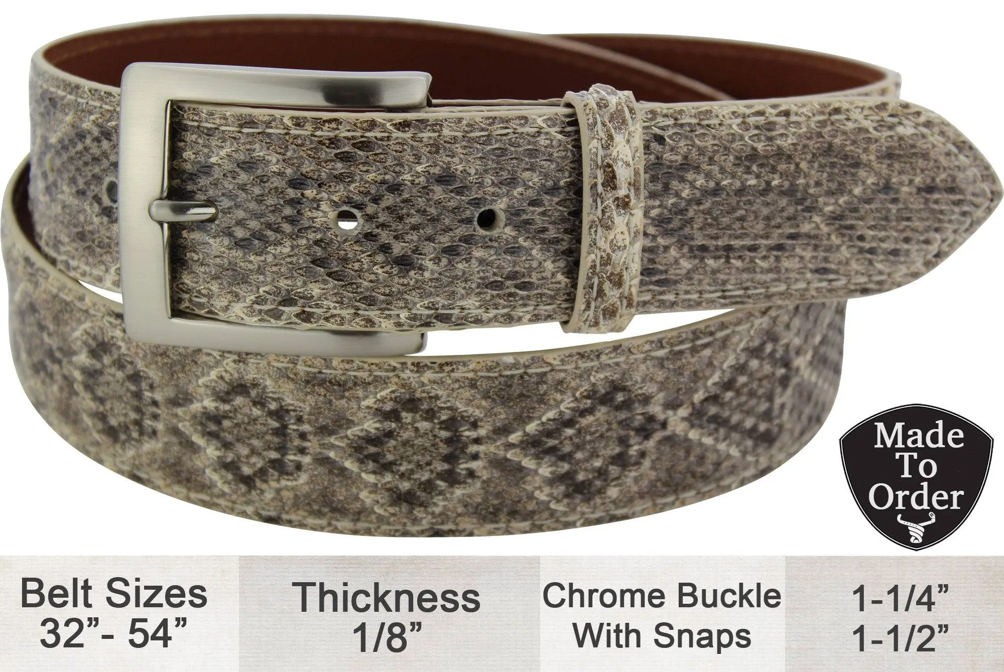 Men's Western Diamondback Rattlesnake Designer Full Grain Leather Belt **Made To Order Allow 5 To 6 Weeks To Ship