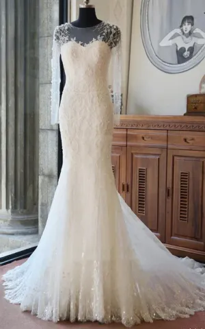 Mermaid Maxi Long Sleeve Beading Flower Tulle Lace Wedding Dress