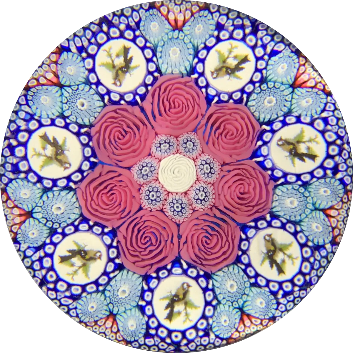 Michael Hunter Twists Studio 2019 Art Glass Paperweight Concentric Millefiori & 7 Gold Finch Murrine