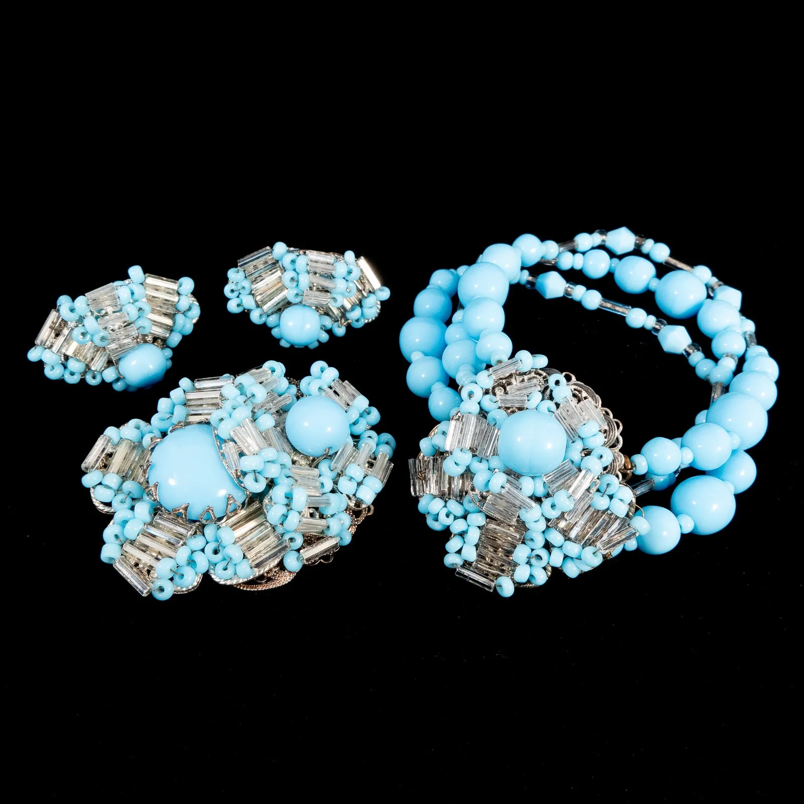 Miriam Haskell Blue Beaded Flower Earrings