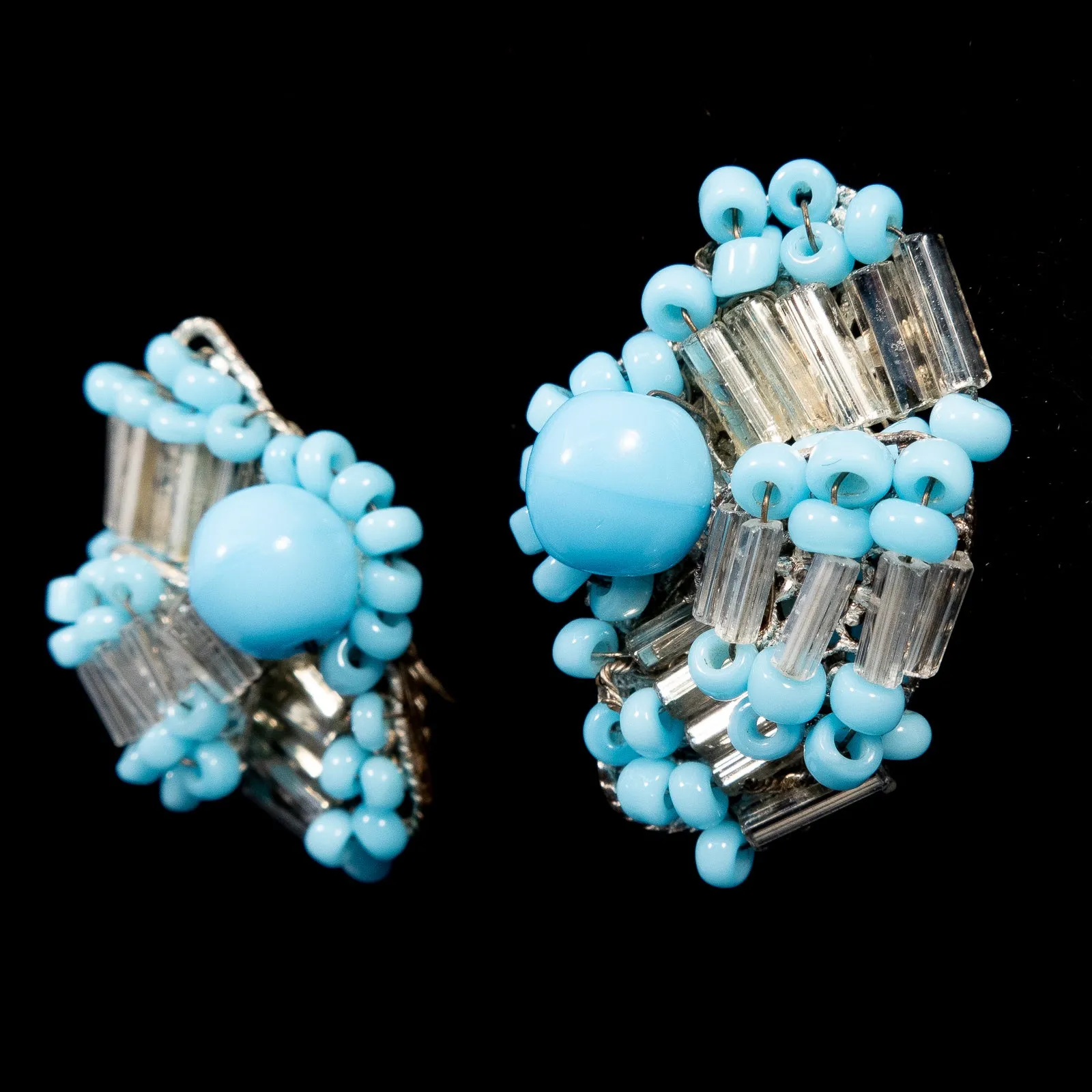 Miriam Haskell Blue Beaded Flower Earrings