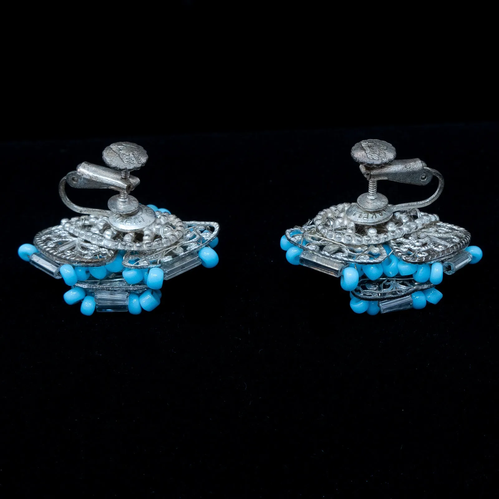 Miriam Haskell Blue Beaded Flower Earrings
