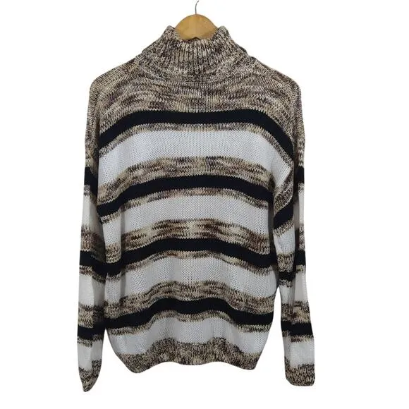 MM Mocha Chocolate Striped Turtleneck Chunky Knit Casual Pullover Sweater NWT XL