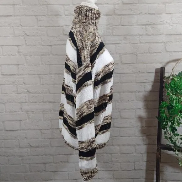 MM Mocha Chocolate Striped Turtleneck Chunky Knit Casual Pullover Sweater NWT XL