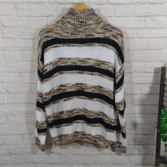 MM Mocha Chocolate Striped Turtleneck Chunky Knit Casual Pullover Sweater NWT XL