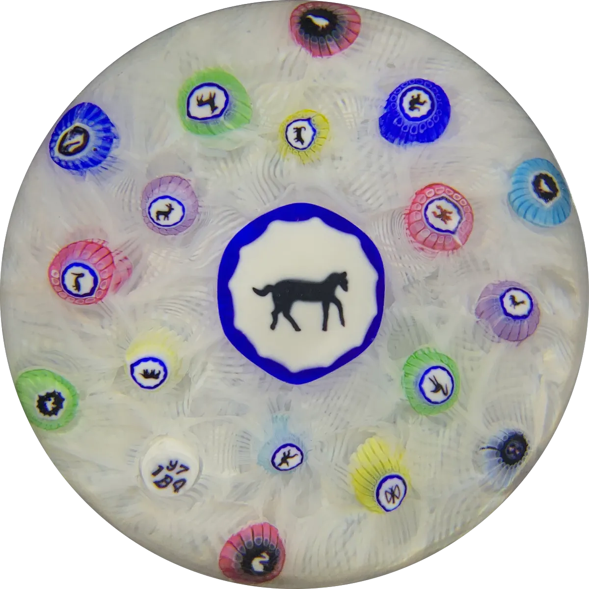 Modern Baccarat Art Glass Paperweight Gridel Silhouette Millefiori Horse