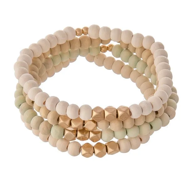 Multi Wood Beaded Stretch Bracelet Set