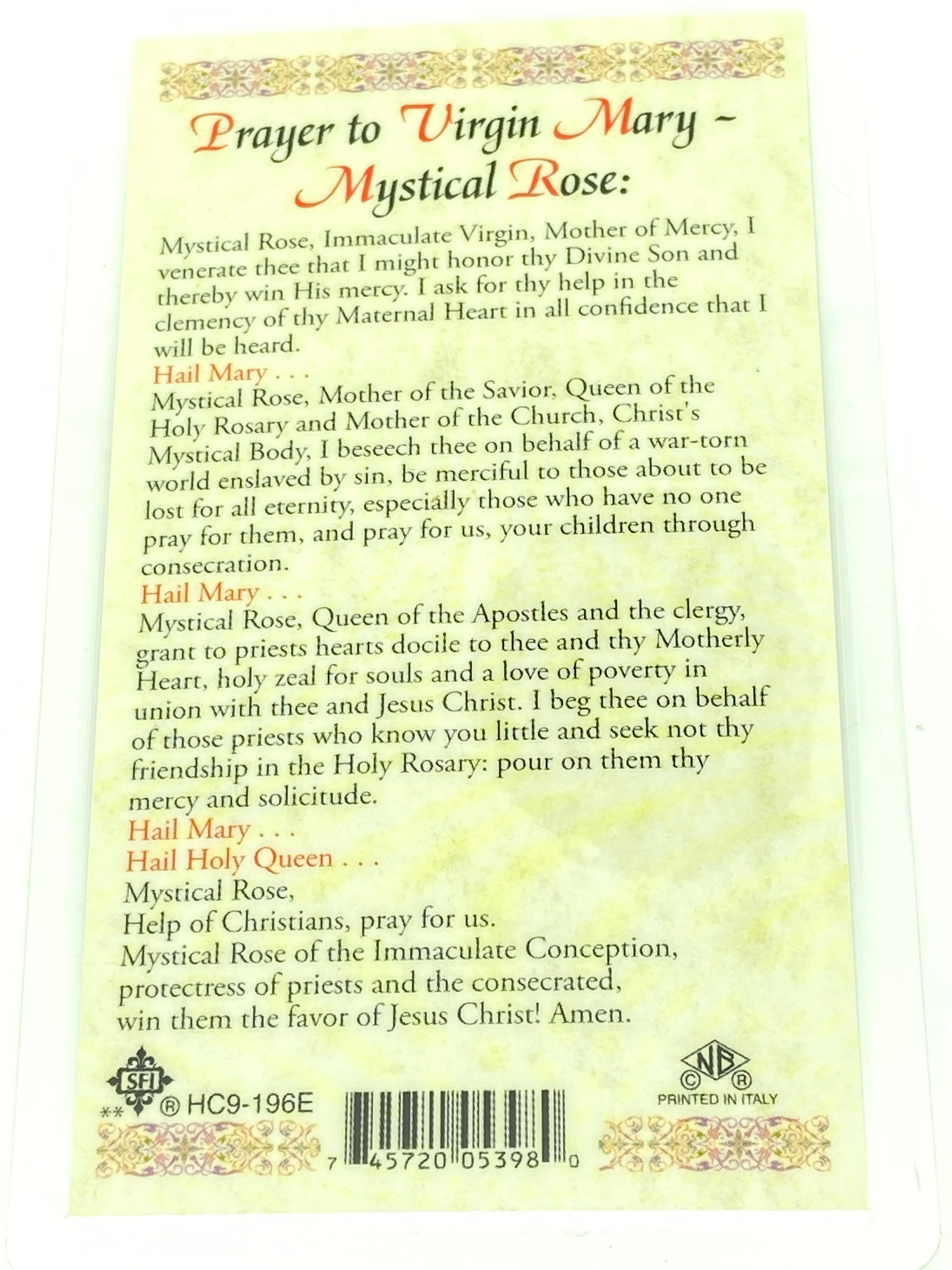 Mystical Rose Laminated Holy Card (Plastic Covered)