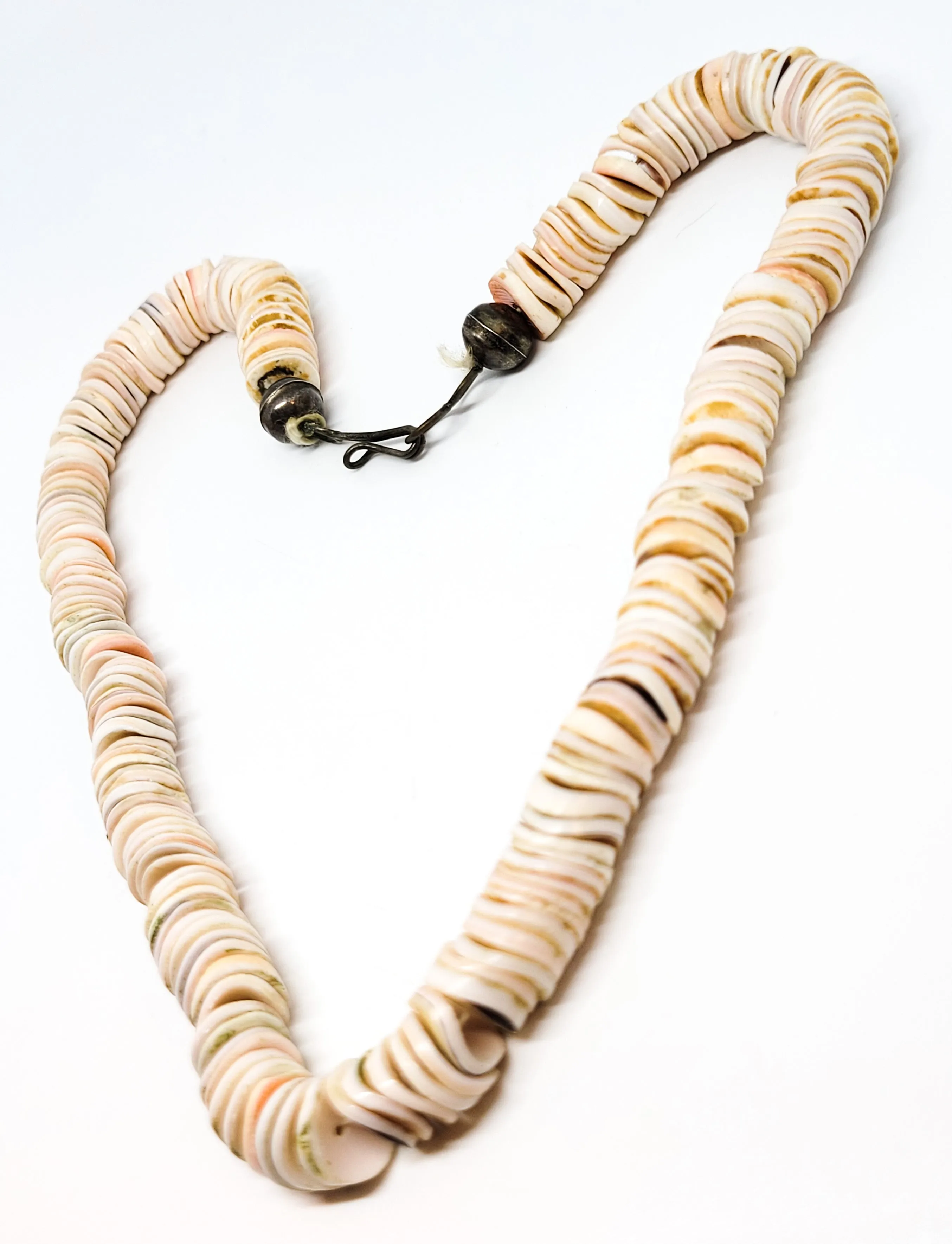 Native American golden lip shell sterling silver hand crafted artisan Heishi beaded necklace