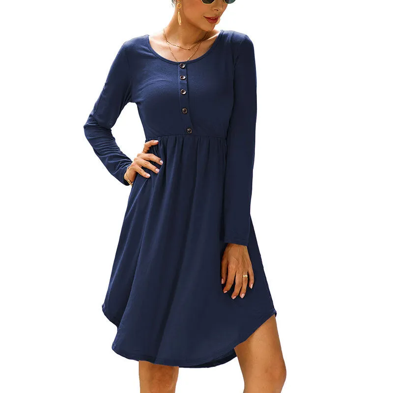New Autumn Women's Round Neck Button Long-sleeved Slim Dress